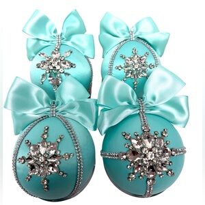Handmade Elegant Turquoise Ornaments with Rhinestones Set of 4 EUC